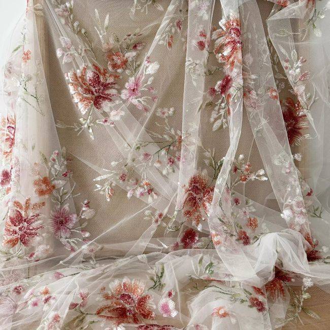 1 Yard 3D Floral Beaded Embroidered Bridal Lace Fabric SX041