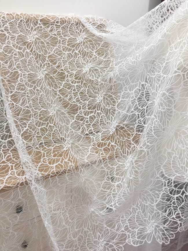 1 Yard 3D Floral Beaded Embroidered Bridal Lace Fabric SX034