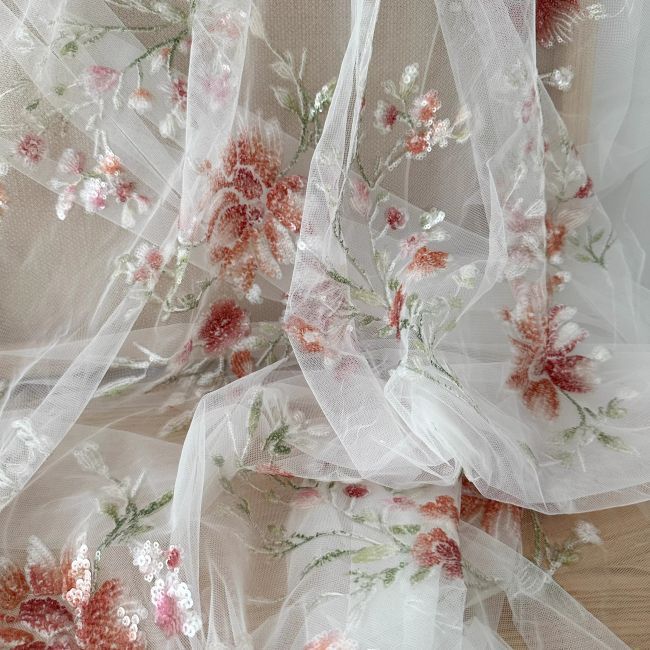 1 Yard 3D Floral Beaded Embroidered Bridal Lace Fabric SX041