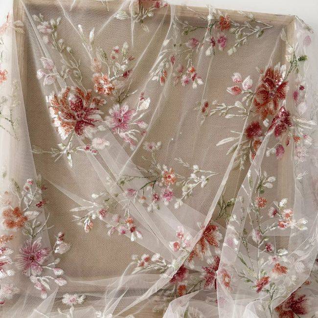 1 Yard 3D Floral Beaded Embroidered Bridal Lace Fabric SX041