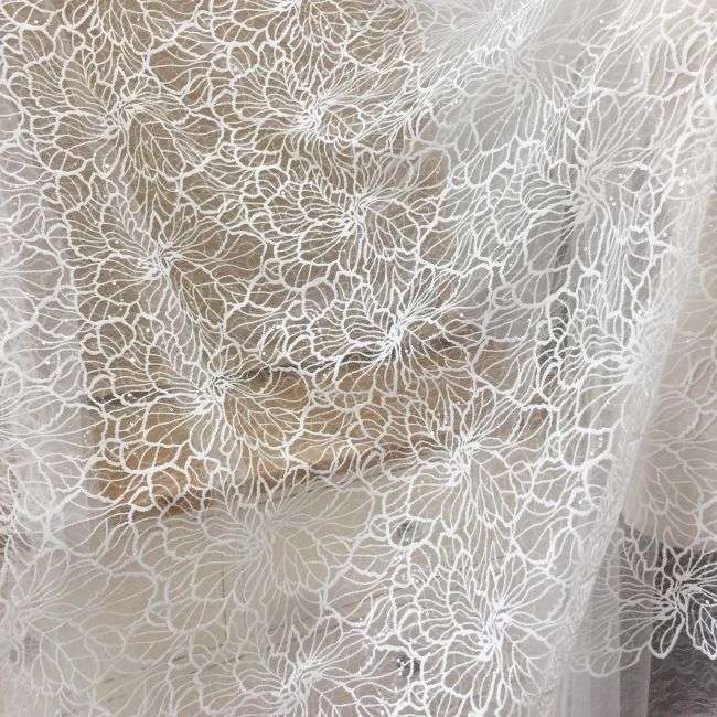 1 Yard 3D Floral Beaded Embroidered Bridal Lace Fabric SX034