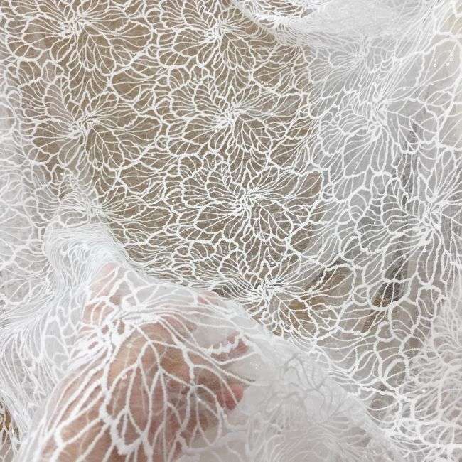 1 Yard 3D Floral Beaded Embroidered Bridal Lace Fabric SX034