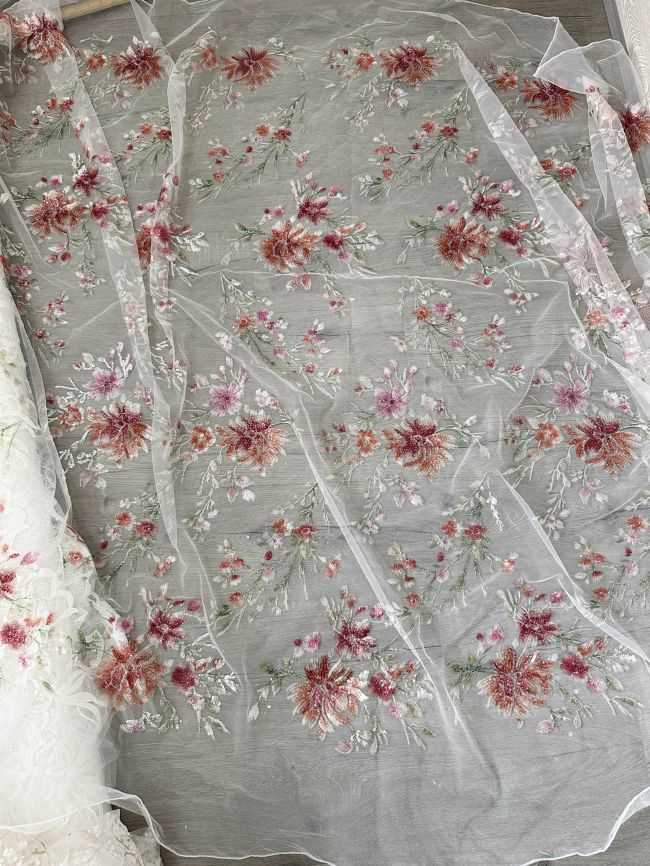 1 Yard 3D Floral Beaded Embroidered Bridal Lace Fabric SX041