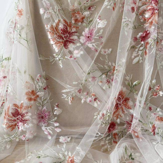 1 Yard 3D Floral Beaded Embroidered Bridal Lace Fabric SX041