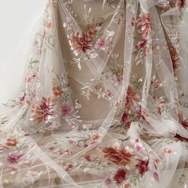 1 Yard 3D Floral Beaded Embroidered Bridal Lace Fabric SX041