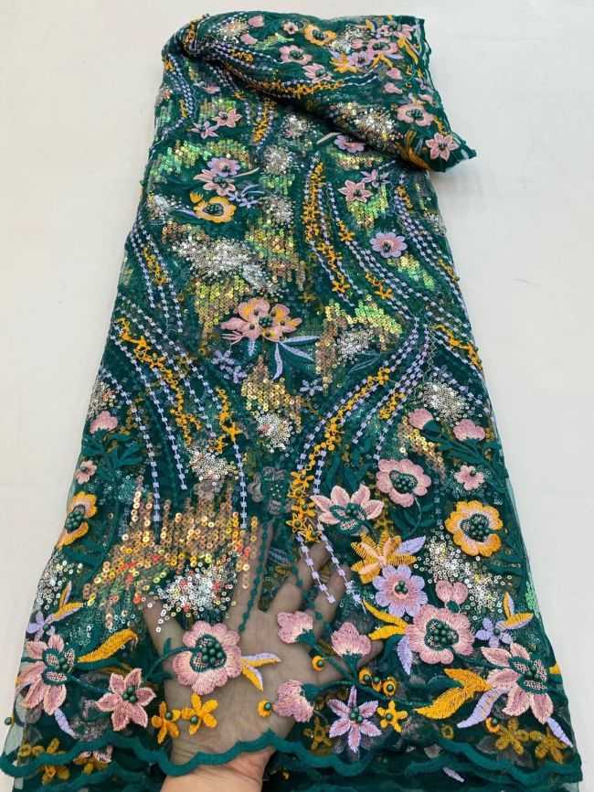 5 Yards Multi-Colored Embroidered Beaded Lace Fabric JJ098