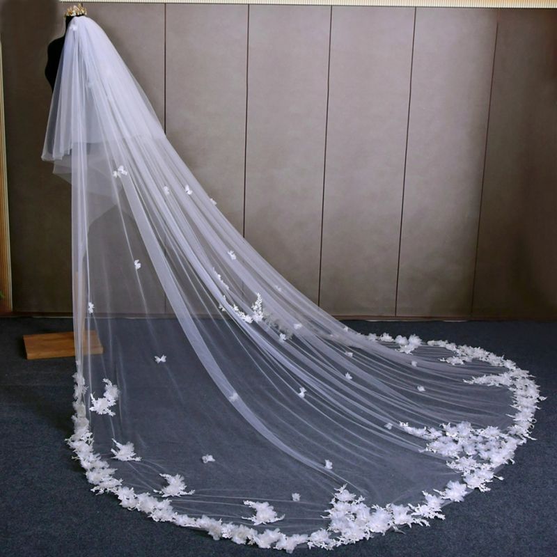 Sparkling Rhinestones Beaded Pearls 3D Floral Bridal Veil WV396
