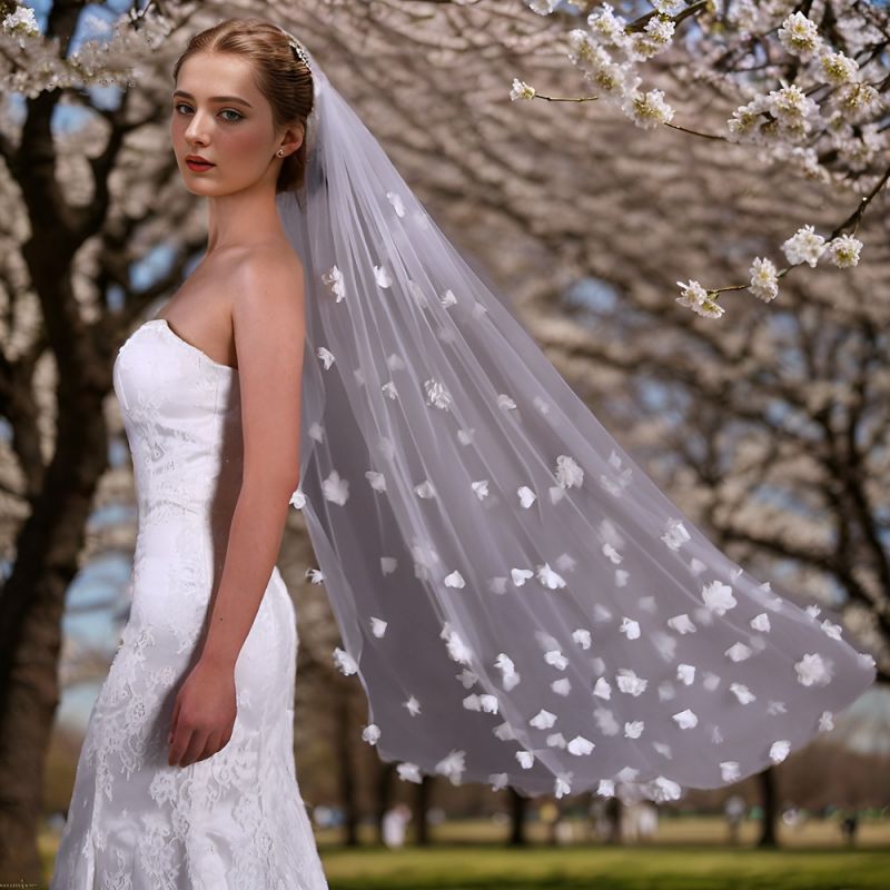 Sparkling Rhinestones Beaded Pearls 3D Floral Bridal Veil WV392