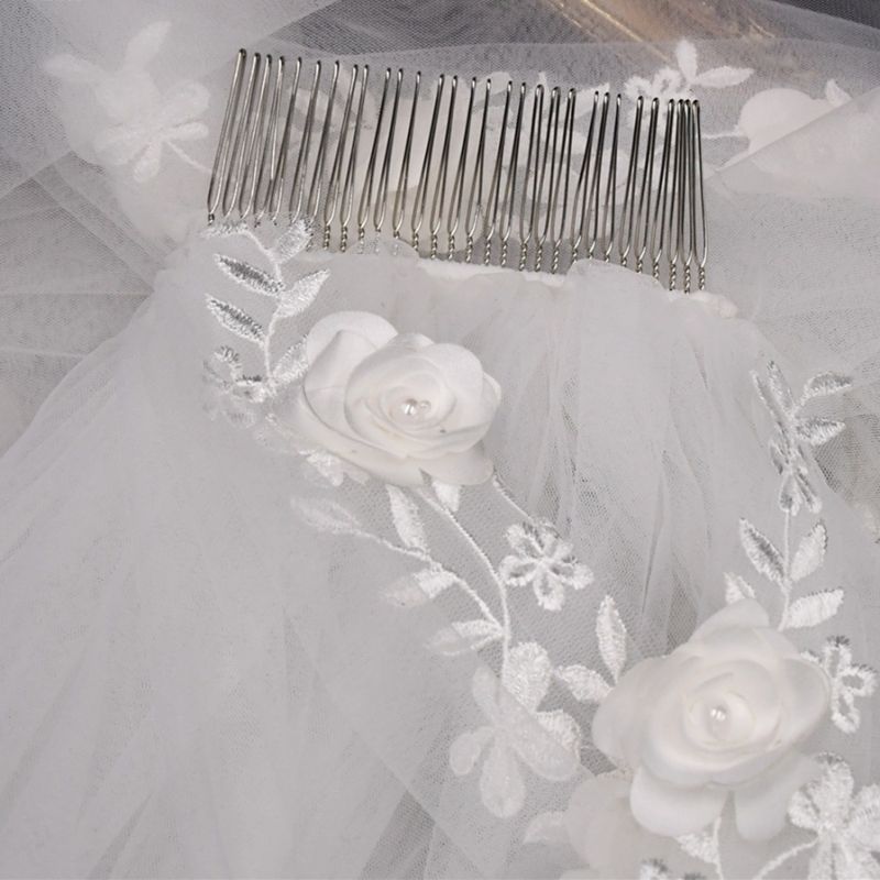 Sparkling Rhinestones Beaded Pearls 3D Floral Bridal Veil WV407