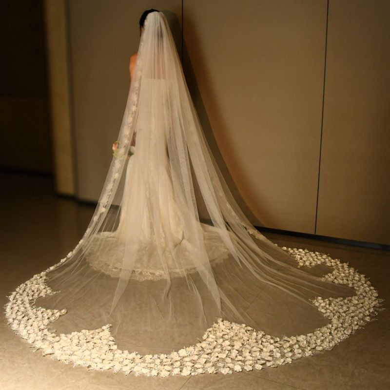 Sparkling Rhinestones Beaded Pearls 3D Floral Bridal Veil WV407
