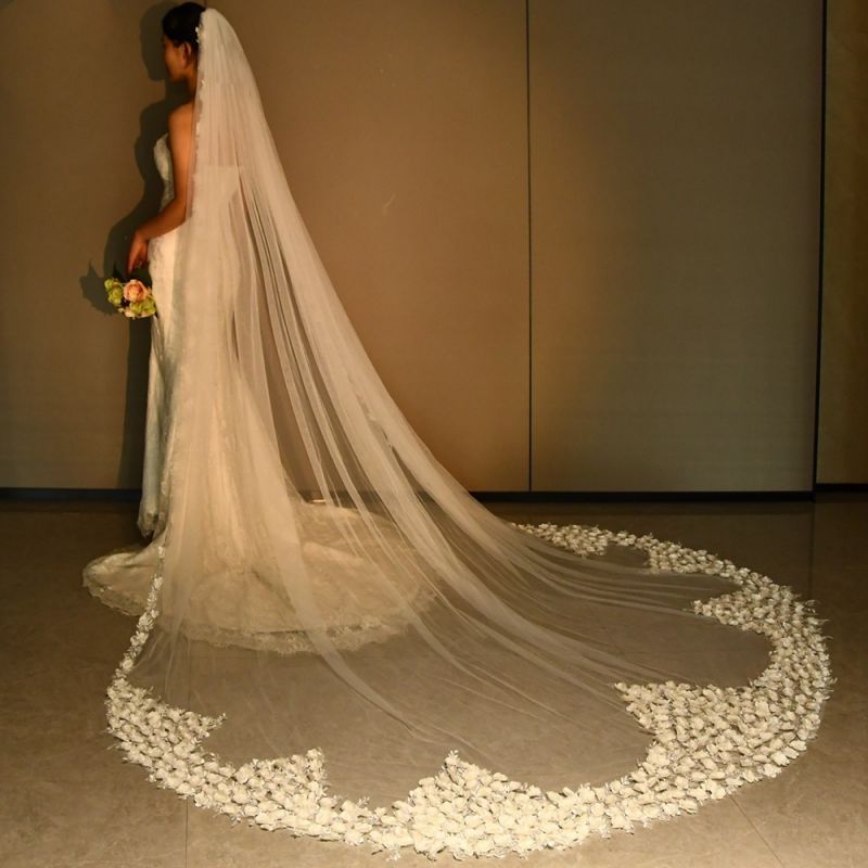 Sparkling Rhinestones Beaded Pearls 3D Floral Bridal Veil WV407
