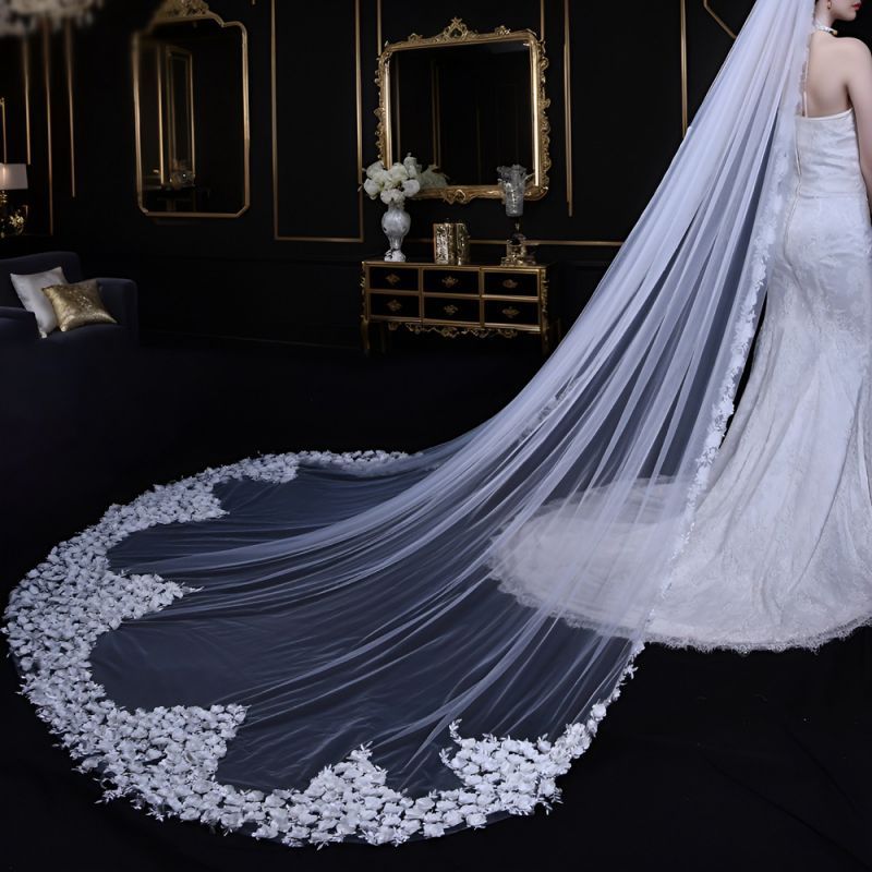 Sparkling Rhinestones Beaded Pearls 3D Floral Bridal Veil WV407