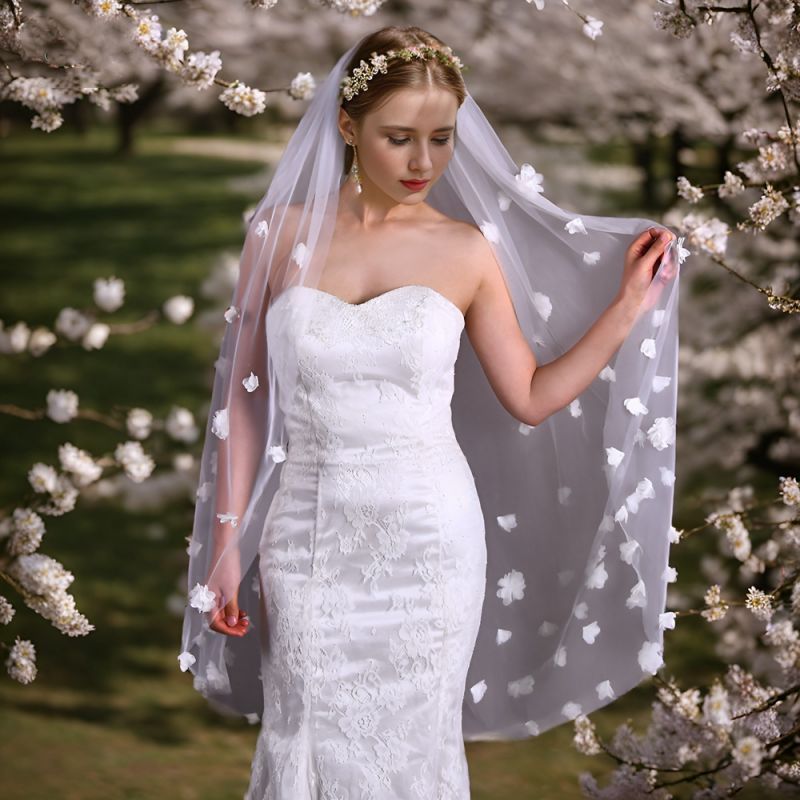 Sparkling Rhinestones Beaded Pearls 3D Floral Bridal Veil WV392