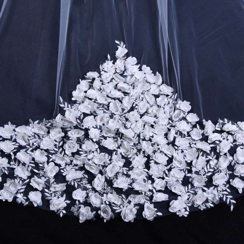 Sparkling Rhinestones Beaded Pearls 3D Floral Bridal Veil WV407