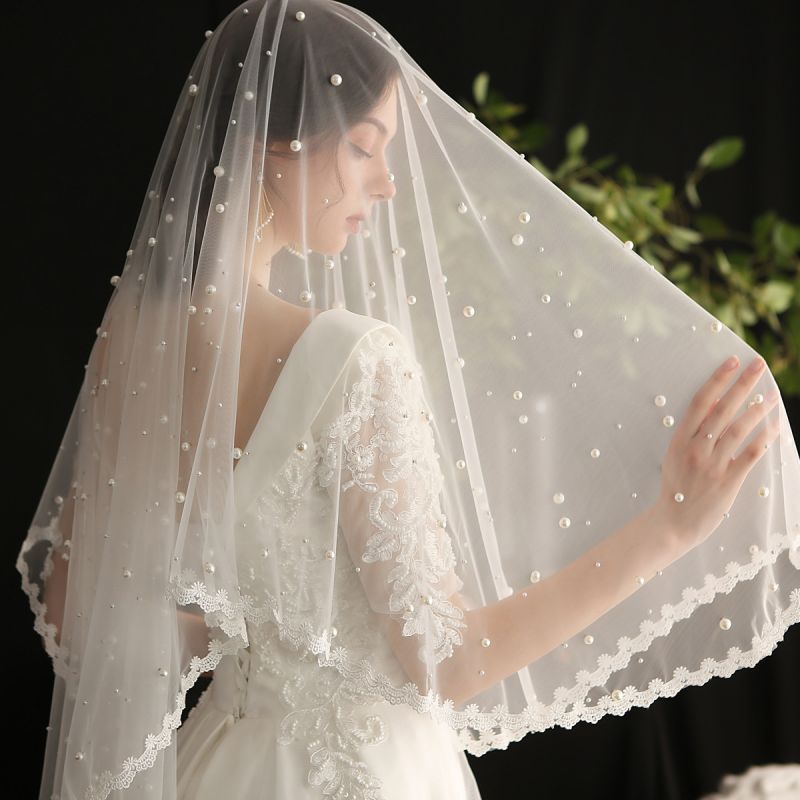Pearl Lace Trim Bridal Veil WV520