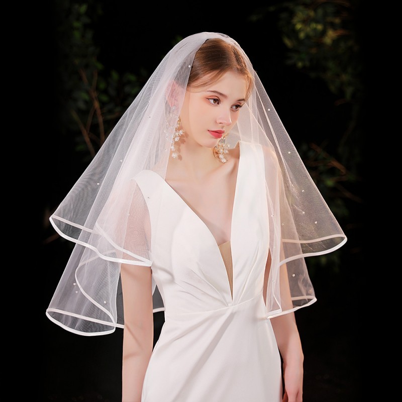 Pearl Satin Trim Bridal Veil WV578