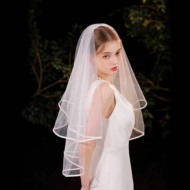 Pearl Satin Trim Bridal Veil WV578