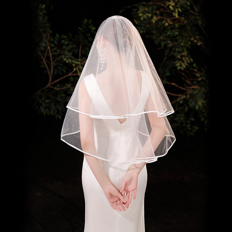 Pearl Satin Trim Bridal Veil WV578