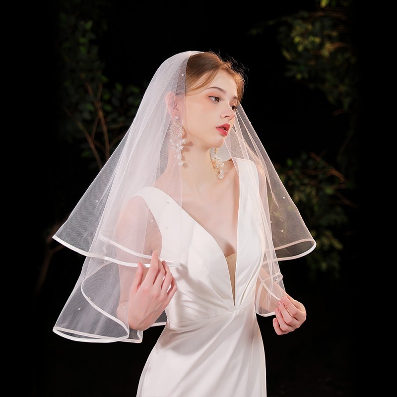 Pearl Satin Trim Bridal Veil WV578