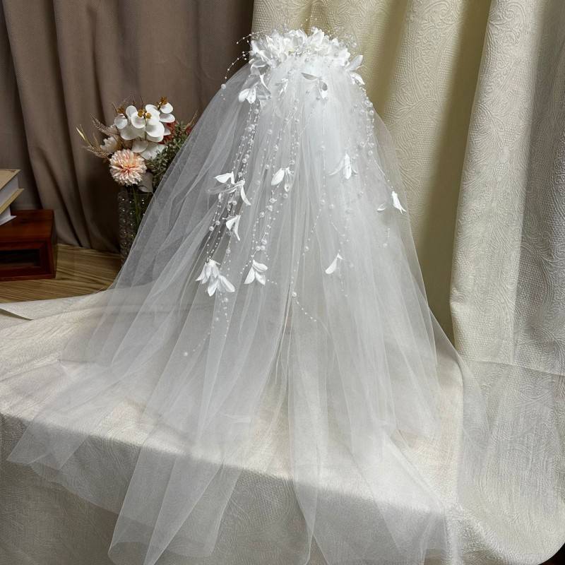 3D Floral Pearl Bridal Veil WV591