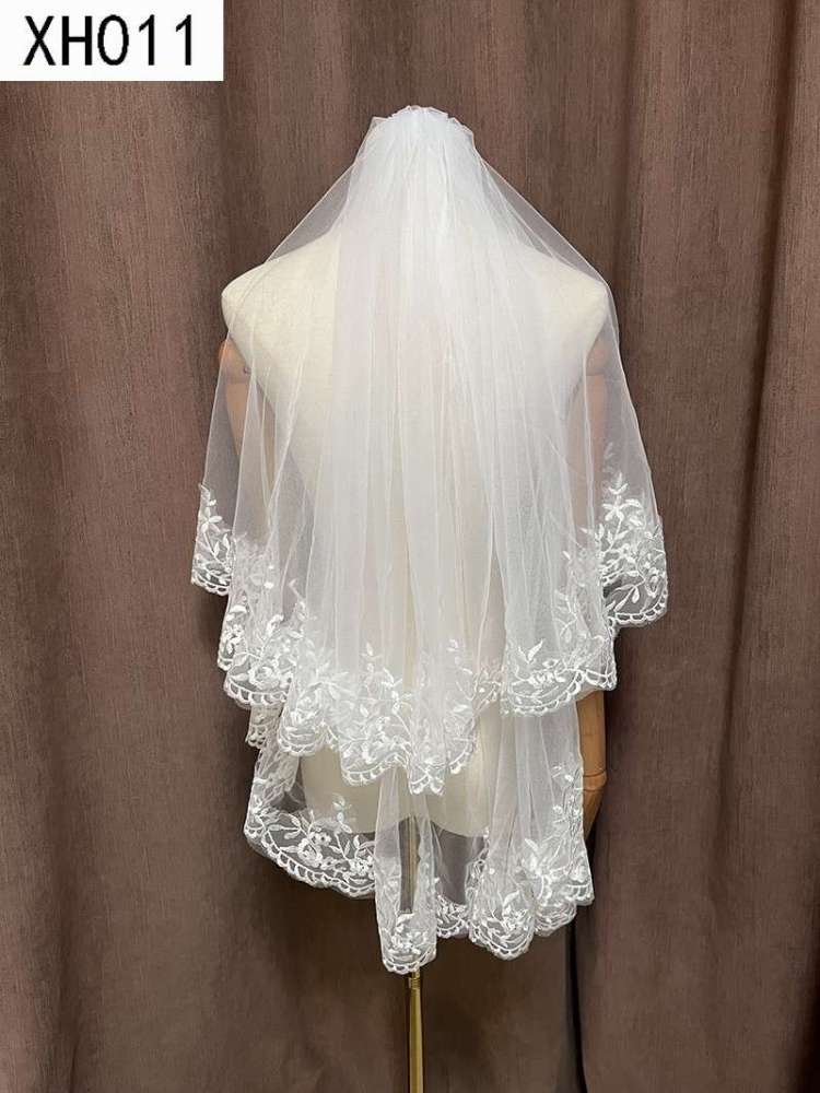 3D Floral Pearl Satin Horsehair Lace Trim Bridal Veil WV590