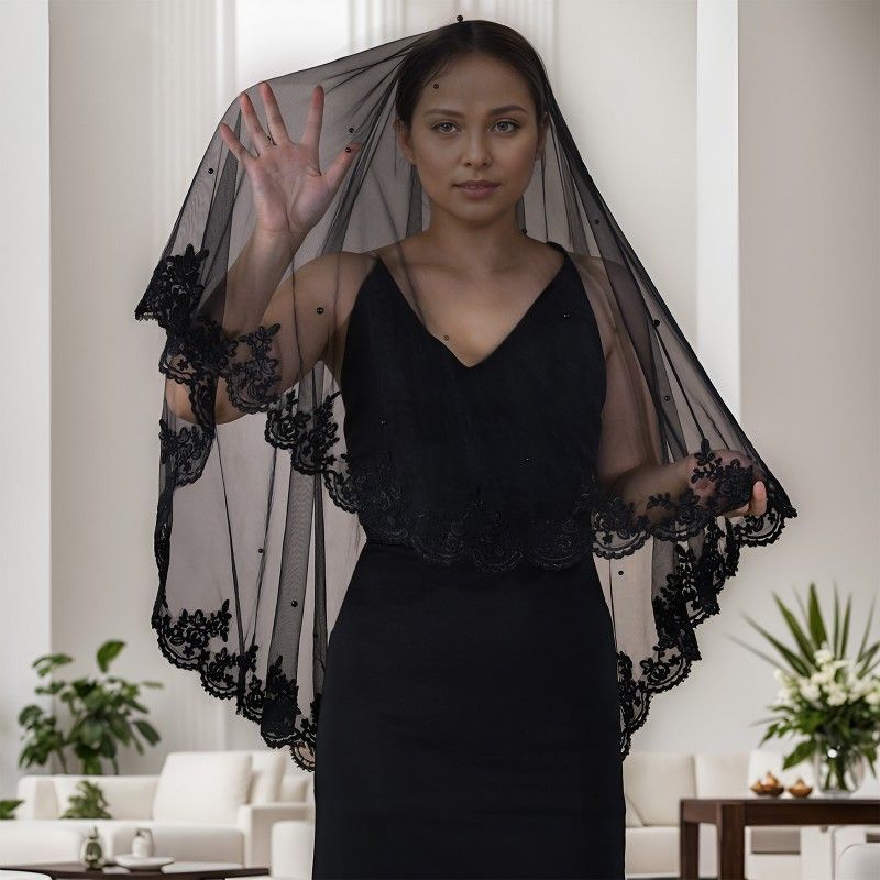 Black Lace Trim Bridal Veil WV610