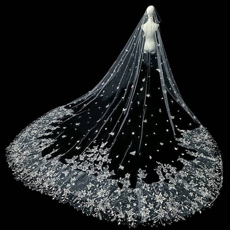 3D Floral Pearl Satin Horsehair Lace Trim Bridal Veil WV598