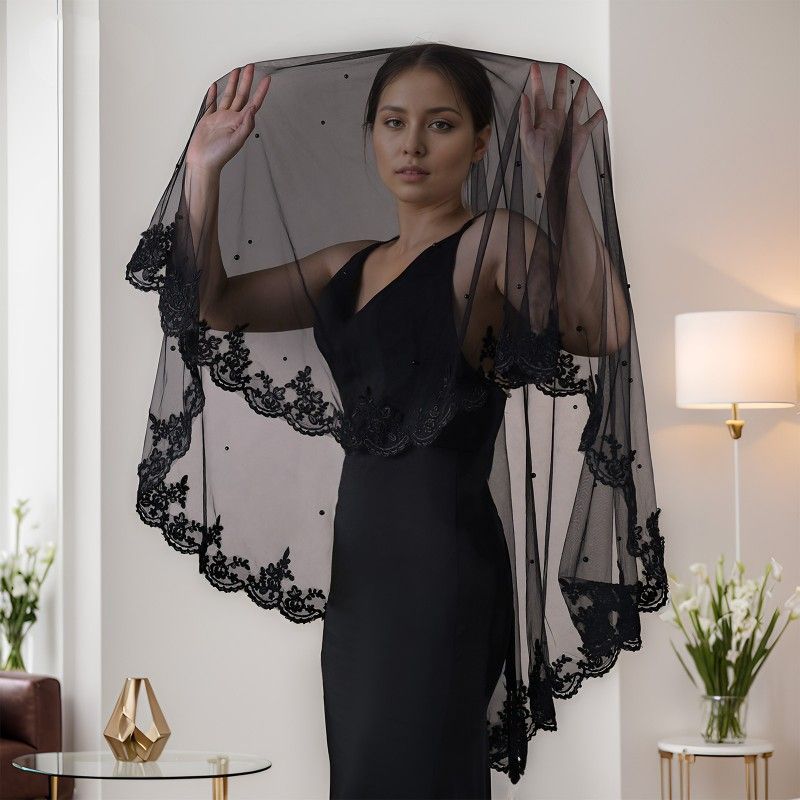 Black Lace Trim Bridal Veil WV610