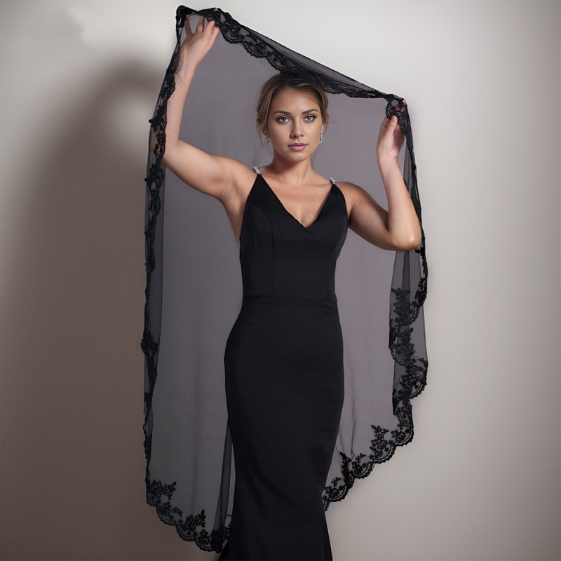 Black Lace Trim Bridal Veil WV609
