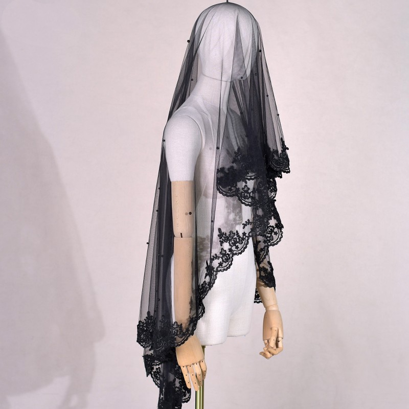Black Lace Trim Bridal Veil WV610