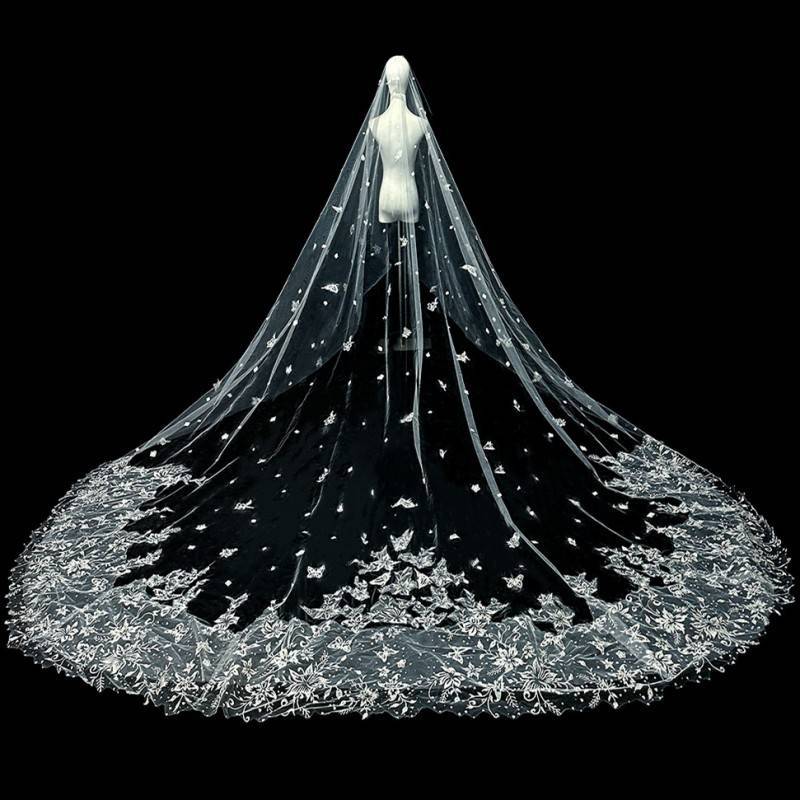 3D Floral Pearl Satin Horsehair Lace Trim Bridal Veil WV598