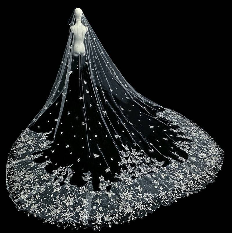 3D Floral Pearl Satin Horsehair Lace Trim Bridal Veil WV598