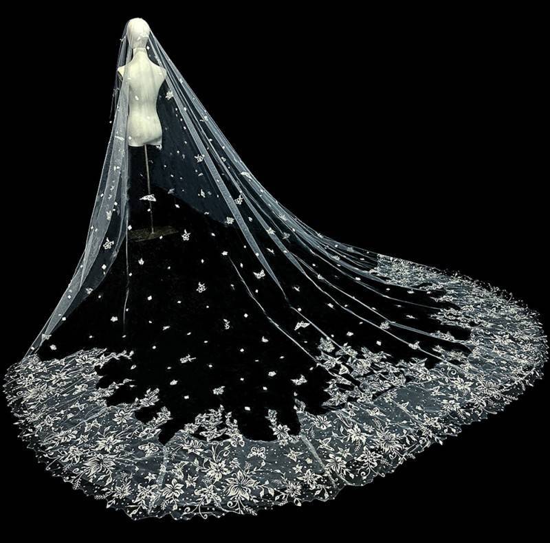 3D Floral Pearl Satin Horsehair Lace Trim Bridal Veil WV598