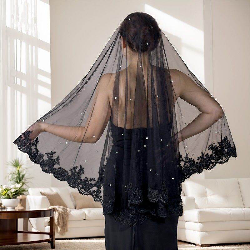 Black Lace Trim Bridal Veil