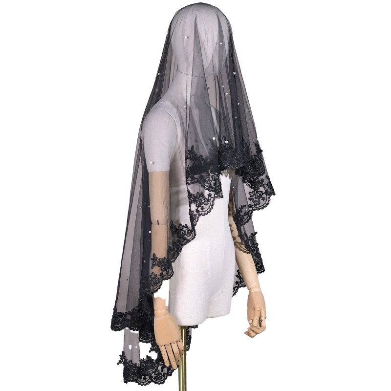 Black Lace Trim Bridal Veil