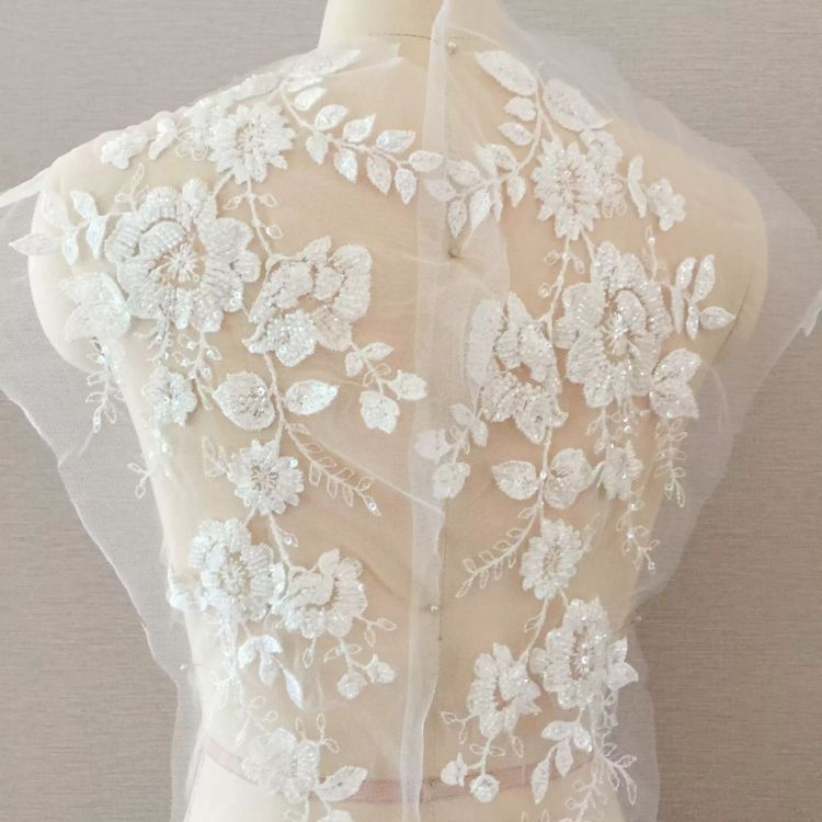 1 Pair White Beaded Embroidered Bridal Lace Applique Material SX168