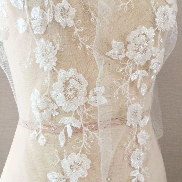 1 Pair White Beaded Embroidered Bridal Lace Applique Material SX168