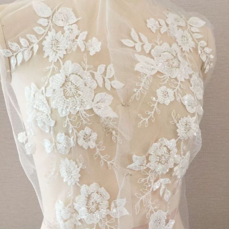 1 Pair White Beaded Embroidered Bridal Lace Applique Material SX168
