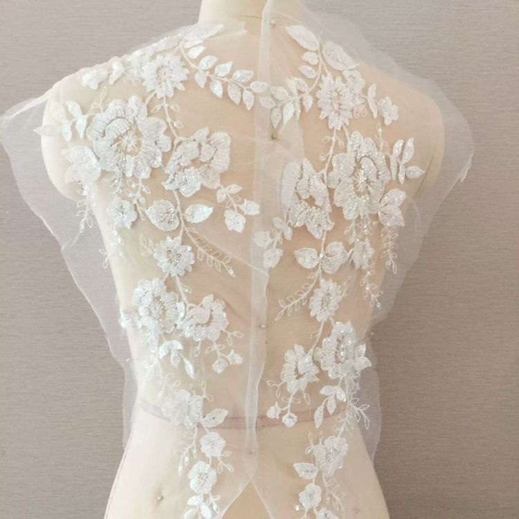 1 Pair White Beaded Embroidered Bridal Lace Applique Material SX168