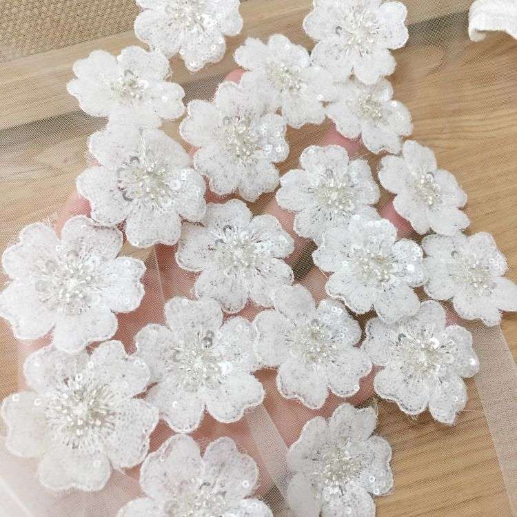 1 Yard Piece Pair White Corded Sequined Beaded Embroidered Guipure Bridal Lace Trim Applique Material Fabric SX189