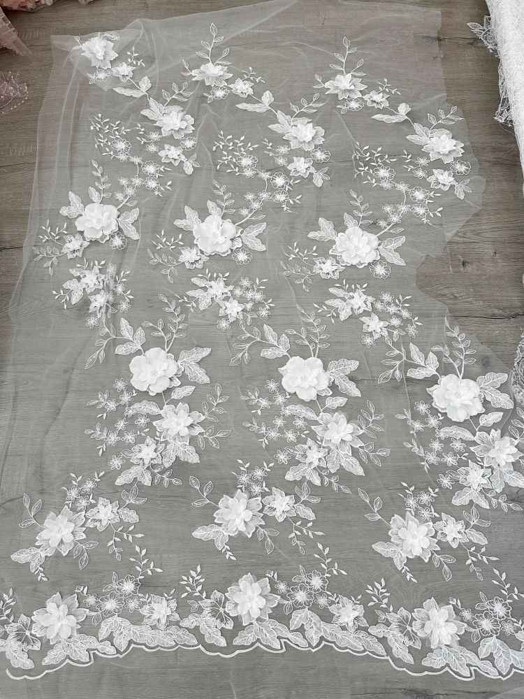 1 Yard Piece Pair White Corded Sequined Beaded Embroidered Guipure Bridal Lace Trim Applique Material Fabric SX177