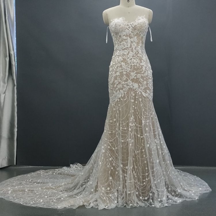 Sequined Lace Appliques Mermaid Off The Shoulder Sleeveless Long Train Bridal Dress BD005