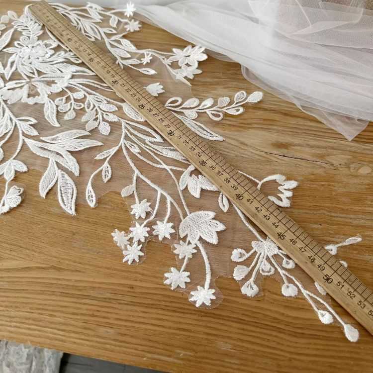 1 Yard Piece Pair White Corded Sequined Beaded Embroidered Guipure Bridal Lace Trim Applique Material Fabric SX179