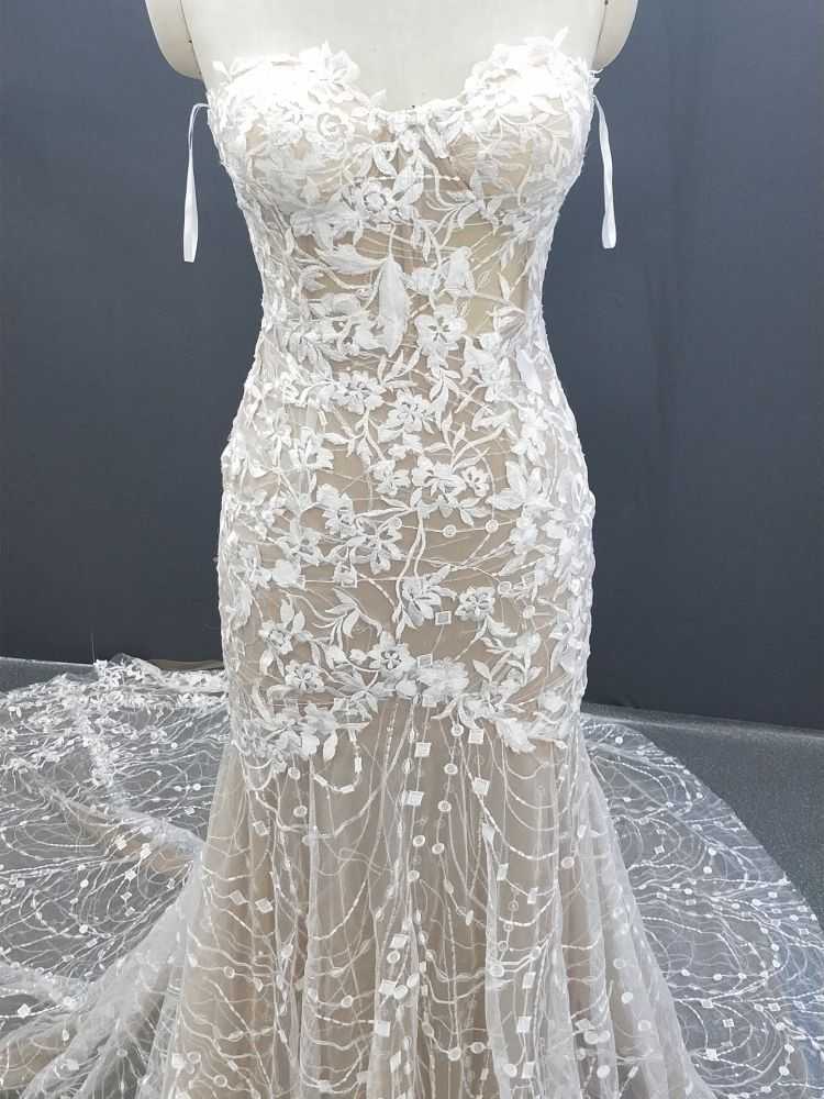 Sequined Lace Appliques Mermaid Off The Shoulder Sleeveless Long Train Bridal Dress BD005