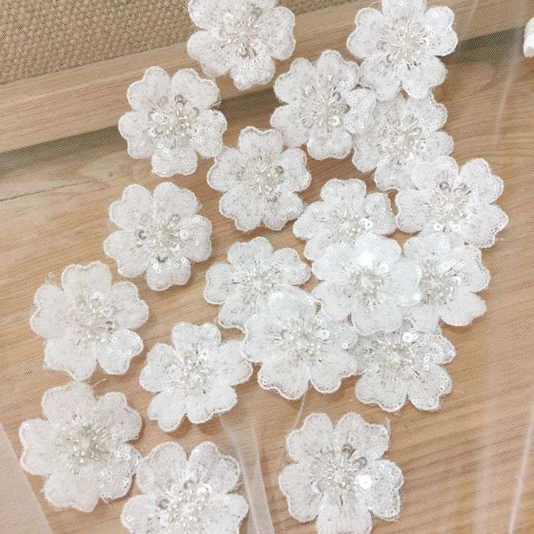 1 Yard Piece Pair White Corded Sequined Beaded Embroidered Guipure Bridal Lace Trim Applique Material Fabric SX189