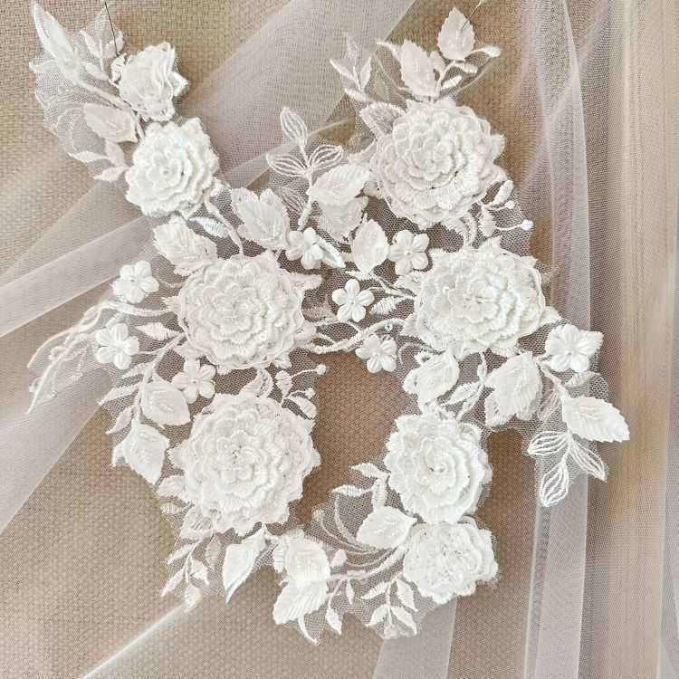 1 Yard Piece Pair White Corded Sequined Beaded Embroidered Guipure Bridal Lace Trim Applique Material Fabric SX188