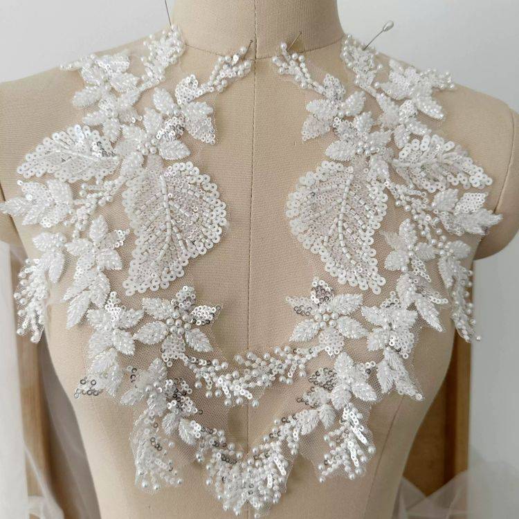 1 Yard Piece Pair White Corded Sequined Beaded Embroidered Guipure Bridal Lace Trim Applique Material Fabric SX186
