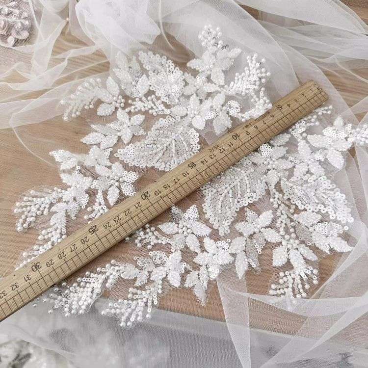 1 Yard Piece Pair White Corded Sequined Beaded Embroidered Guipure Bridal Lace Trim Applique Material Fabric SX186