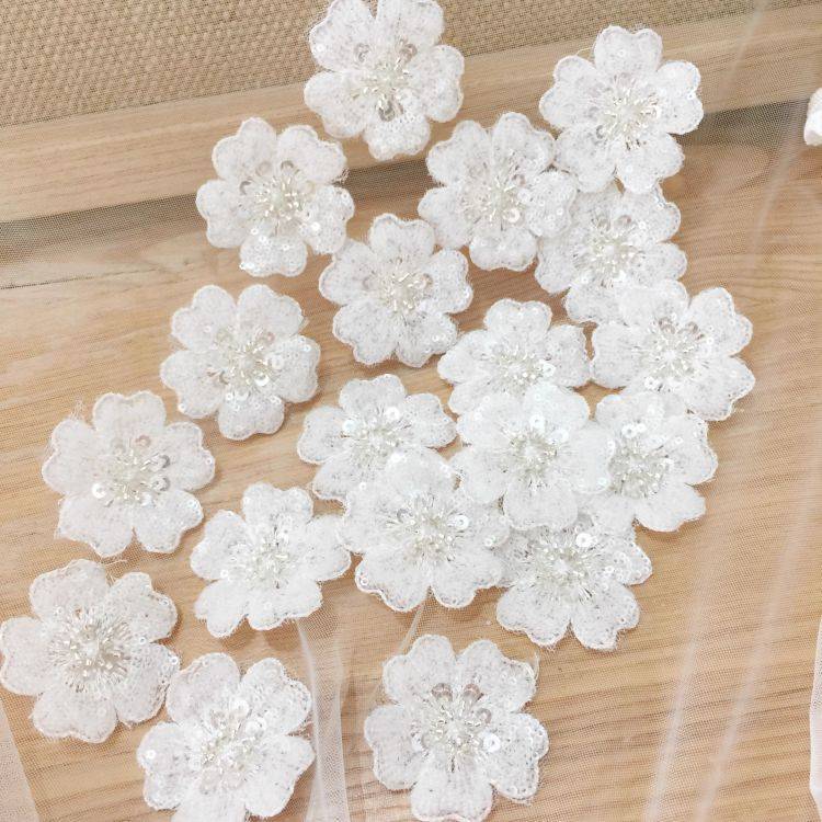 1 Yard Piece Pair White Corded Sequined Beaded Embroidered Guipure Bridal Lace Trim Applique Material Fabric SX189