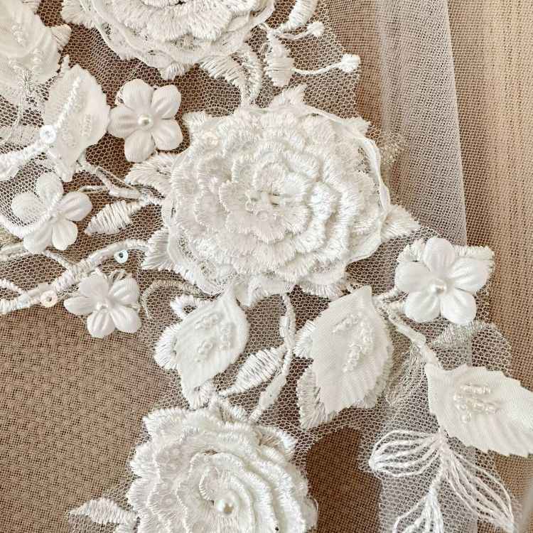 1 Yard Piece Pair White Corded Sequined Beaded Embroidered Guipure Bridal Lace Trim Applique Material Fabric SX188